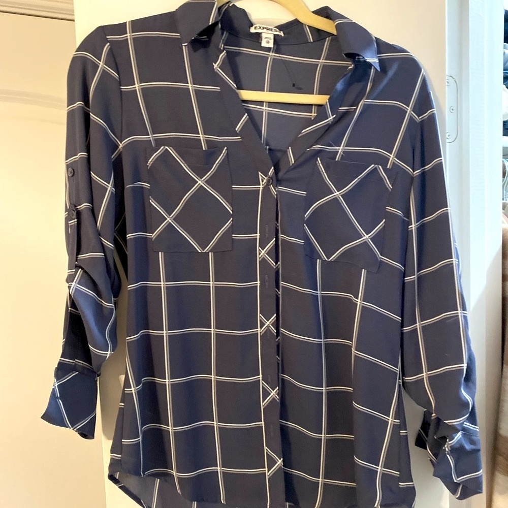 Express | Grey & Blue Plaid Blouse
